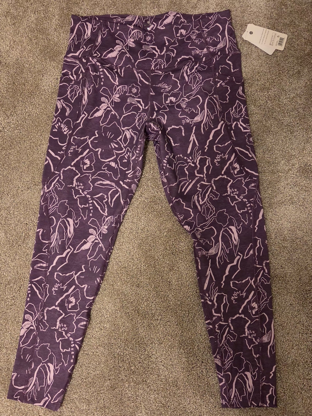 Apana Womens High Rise 7/8 Yoga Leggings With Pockets Purple Floral XL NWT